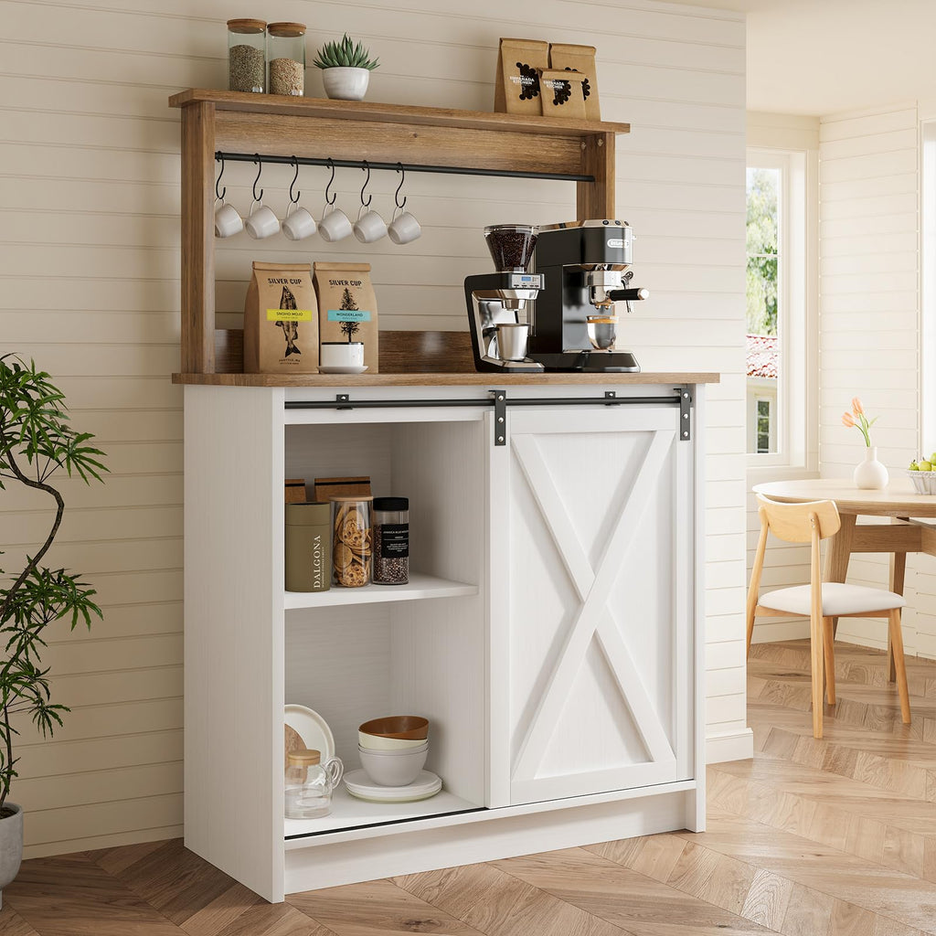 4ever2buy Farmhouse Coffee Bar Cabinet with Sliding Barn Door, 31.5", White