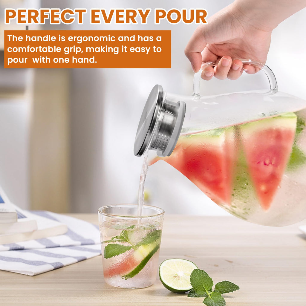 SUSTEAS 3 Litre 101oz Glass Pitcher with Lid and Spout, Handmade Pitcher