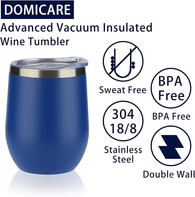 DOMICARE Stainless Steel Wine Tumbler Bulk with Lid, Personalized Insulated Tumblers Set, 12oz Travel Coffee Cups Pack of 8, Dark Blue