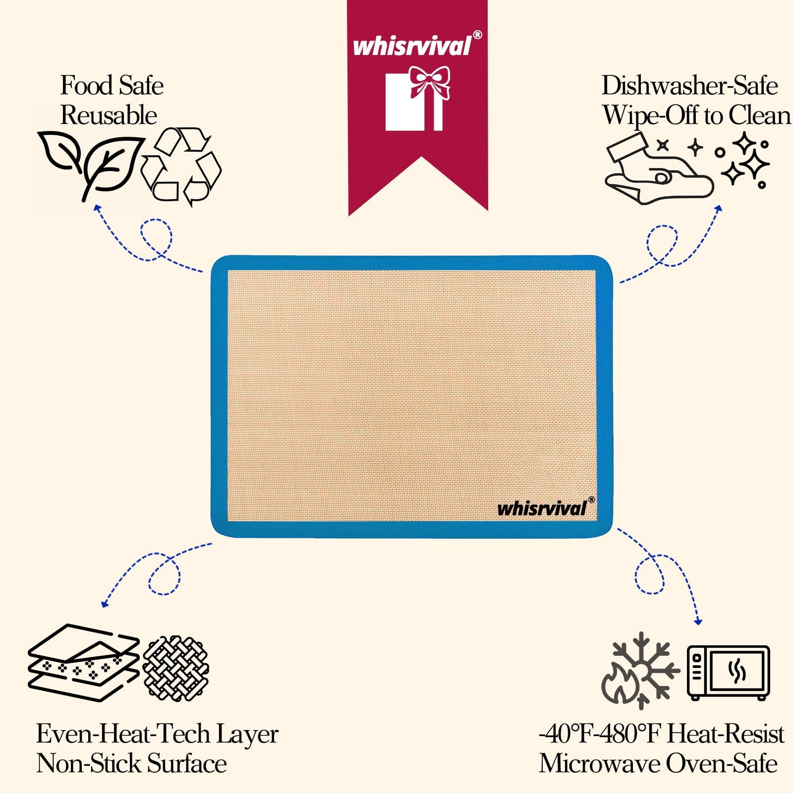 whisrvival 4 Pack Silicone Baking Mat, Non-Stick Silicone Baking Sheet, Food Safe Silicone Mats for Baking, 480℉ Heat Resistant, 2 Half & 2 Quarter (Purple, Blue, Grey)
