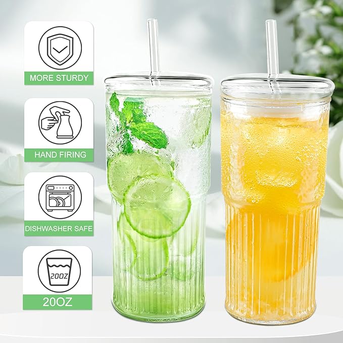 Glass Cups with Lids and Glass Straws, High Borosilicate 20OZ Tumblers (2Pcs) for Coffee, Tea, Juice, Smoothies, Hot/Cold Drinks at Home, Office