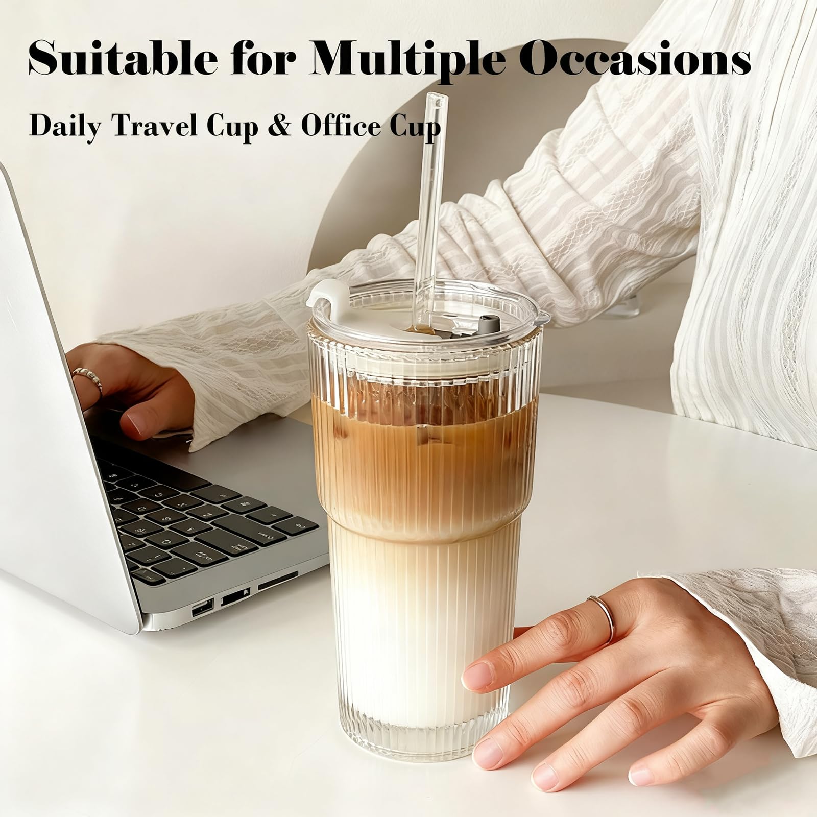 hosck 2 Pack Iced Coffee Cups with Lids, 20oz Clear Glass Tumbler with Straw and Lid, Dishwasher Safe & Leak Proof Drinking Glasses Set, Stylish Ribbed Glass Cups for Coffee Juice Tea Matcha Cocktail