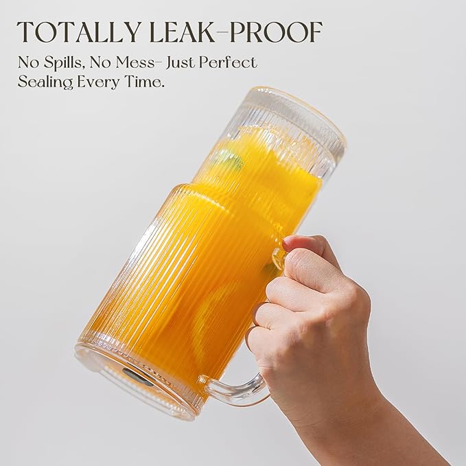Large 26oz Clear Glass Mug with Handle and Sliding Lid – Aesthetic Ribbed Tumbler for Iced Coffee, Tea, Smoothies & Hot Drinks – Reusable Travel Cup with Straw, Dishwasher Safe (Ribbed Tumbler)