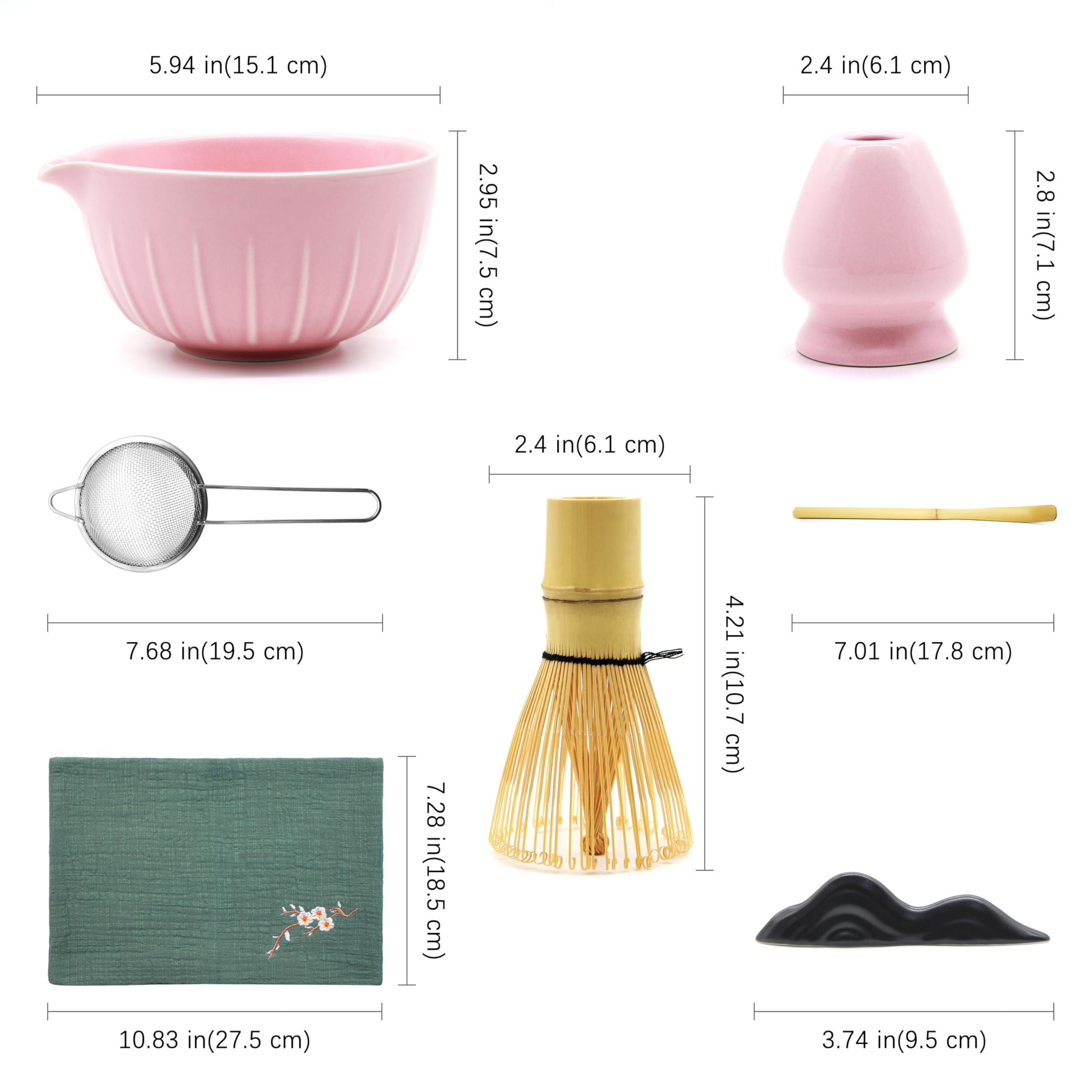 Matcha Whisk Set 7 Pcs - Ceramic Matcha Set with Bowl, Whisk, Holder, Bamboo Scoop, Rest, Sifter, and Tea Towel – Elegant Matcha Kit Gift for Women