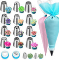 Russian Piping Tips Set – 12 Flower Frosting Nozzles, 2 Leaf Piping Tips, 2 Couplers, 20 Pastry Bags & 1 Reusable Bag – Large & Mini Russian Piping Tips for Cake Decorating, Cupcakes, Cookies