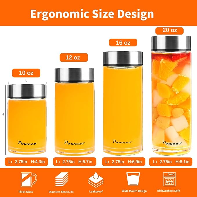 12oz Glass Juice & Water Bottles 6-Pack with Lids- Wide Mouth Reusable Borosilicate Glass- for Juicing, Smoothies, Protein Shakes, Blender & Shaker Bottle- Refillable & Dishwasher Safe(12 oz/400ml)