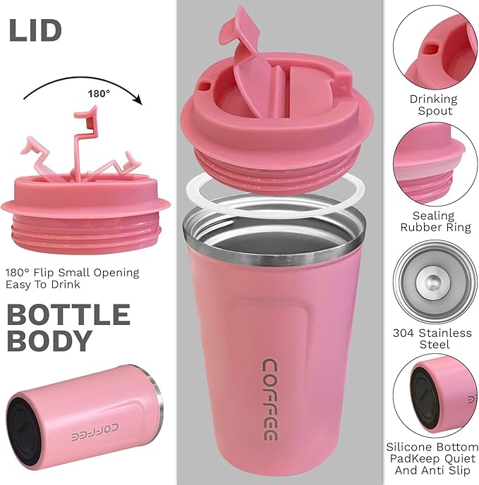 YINBAOGE Insulated Travel Coffee Mug Spill Proof Leak Proof Pobtable To Go Camping Stainless Steel Coffee Tumbler Reusable Coffee Cups with Lids Thermos for Hot and Cold Drink (2nd-Pink, 12 OZ)