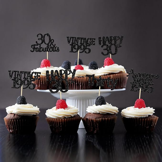 Gyufise 30Pcs Black Glitter Vintage 1995 Cupcake Toppers Awesome Since 1995 Cake Decorations Cheers to 30 Fabulous Thirty Cupcake Picks 30th Birthday Wedding Anniversary Party Cake Decorations