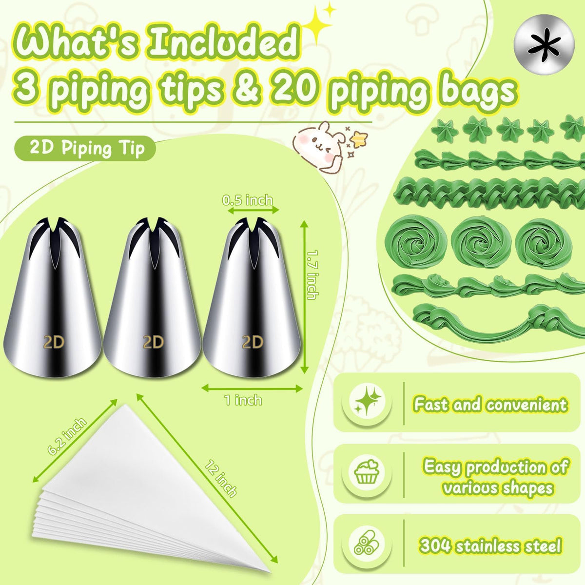Hendiy 3pcs 2D Cake Piping Tips with 20 Piping Bags