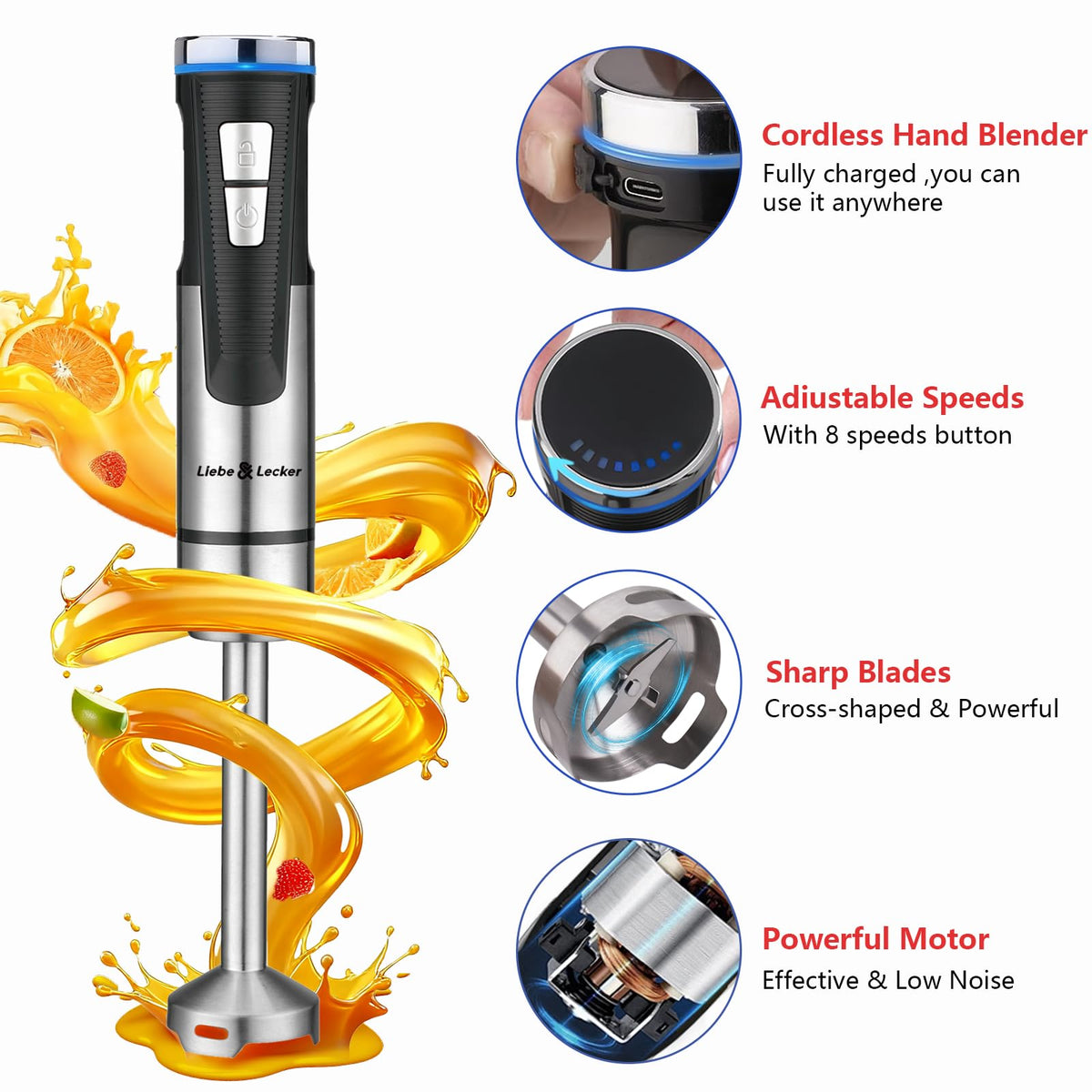 Liebe&Lecker Cordless Immersion Blender, 3-in-1 Handheld Stick Blender