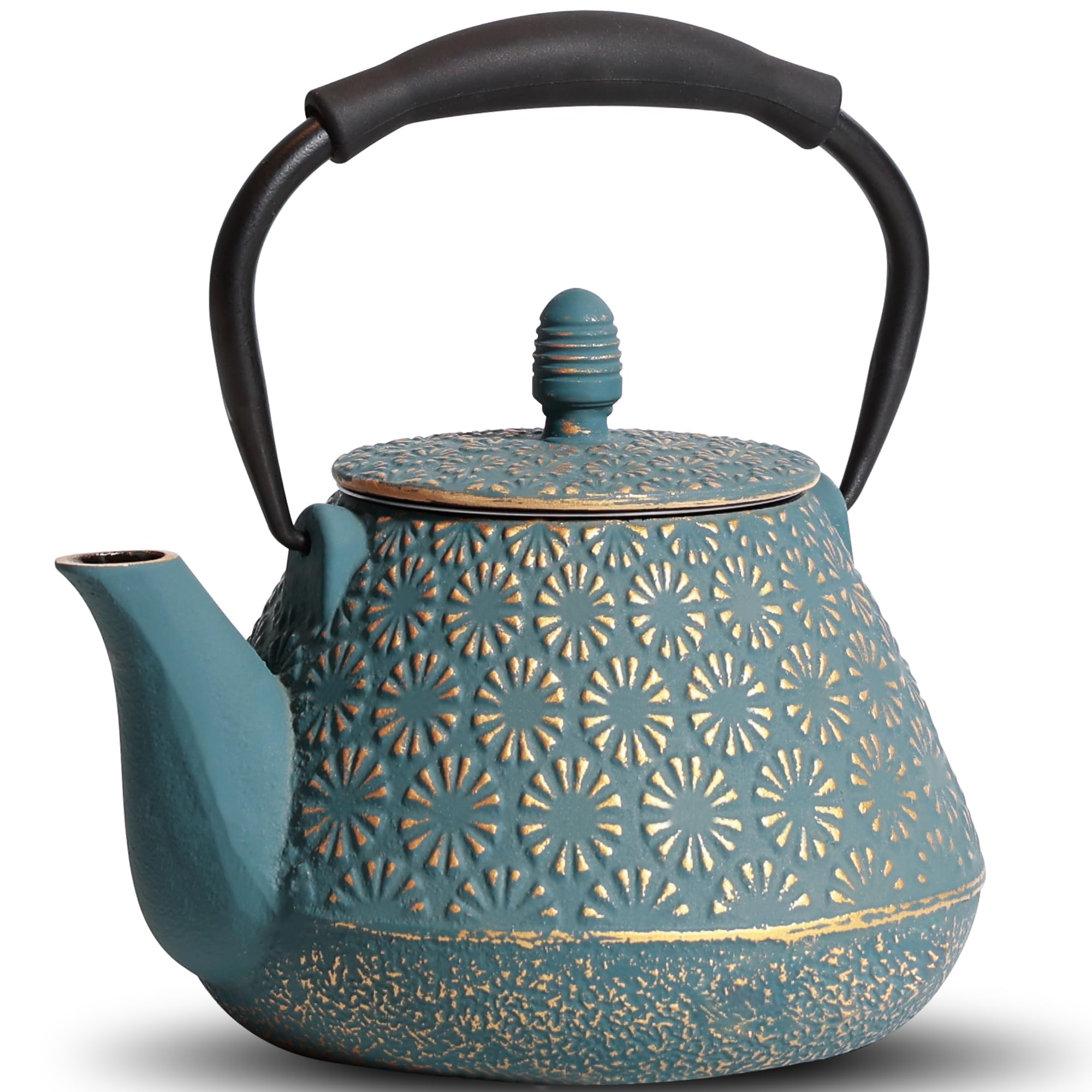 GUANGHEIRON Cast Iron Teapot, 32oz Tea Kettle with Infuser for Stove Top, Sakura Blossom Pattern Japanese Tea Pot for Tea & Coffee Coated with Enameled Interior, Silicone Handle 950ml Blue