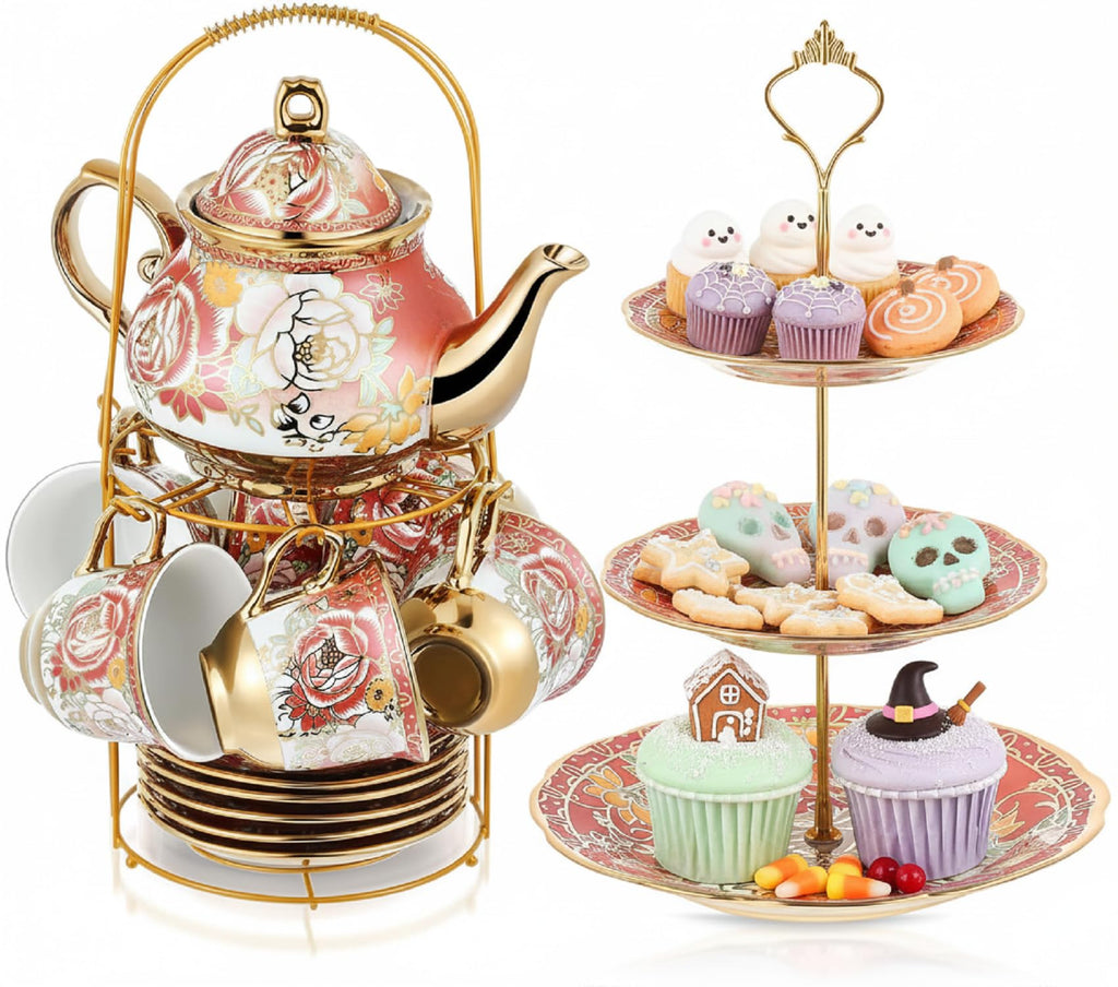 Maxcheck 21 Pcs Porcelain Tea Set for Women Tea Party with Metal Holder and 3 Tier Cake Stand Ceramic European Floral Teapot Set for Adults Mother's Day Christmas Thoughtful Gift(Romantic Style)