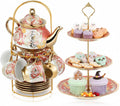 Maxcheck 21 Pcs Porcelain Tea Set for Women Tea Party with Metal Holder and 3 Tier Cake Stand Ceramic European Floral Teapot Set for Adults Mother's Day Christmas Thoughtful Gift(Romantic Style)