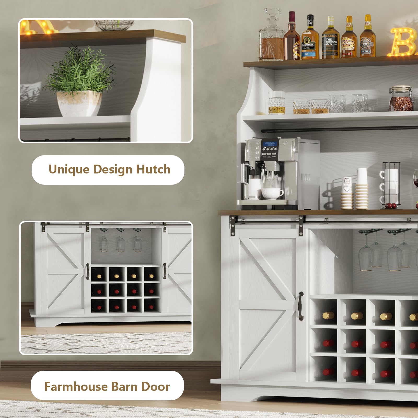 55 Inch Farmhouse Coffee Bar Cabinet with 3-Tier Enclosed Storage Cabinet, Kitchen Hutch with 12 Wine Racks & 3 Glass Holders, Coffee Bar with 6 Hooks, Wood Furniture for Dining Living Room, White