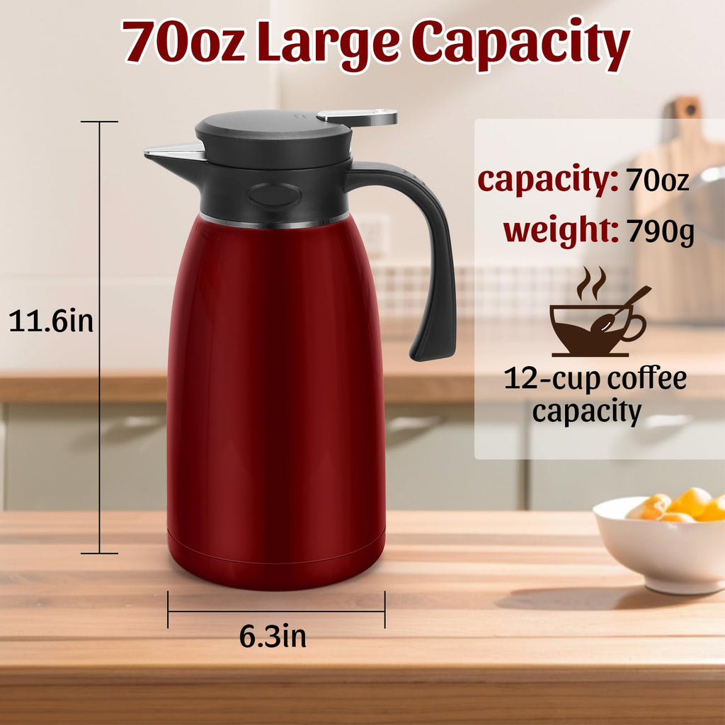 70oz Thermal Coffee Carafe, 2L Stainless Steel for Hot Drinks, Double Wall Vacuum Carafe for Hot Liquids Large Tea for Home School Office Burgundy