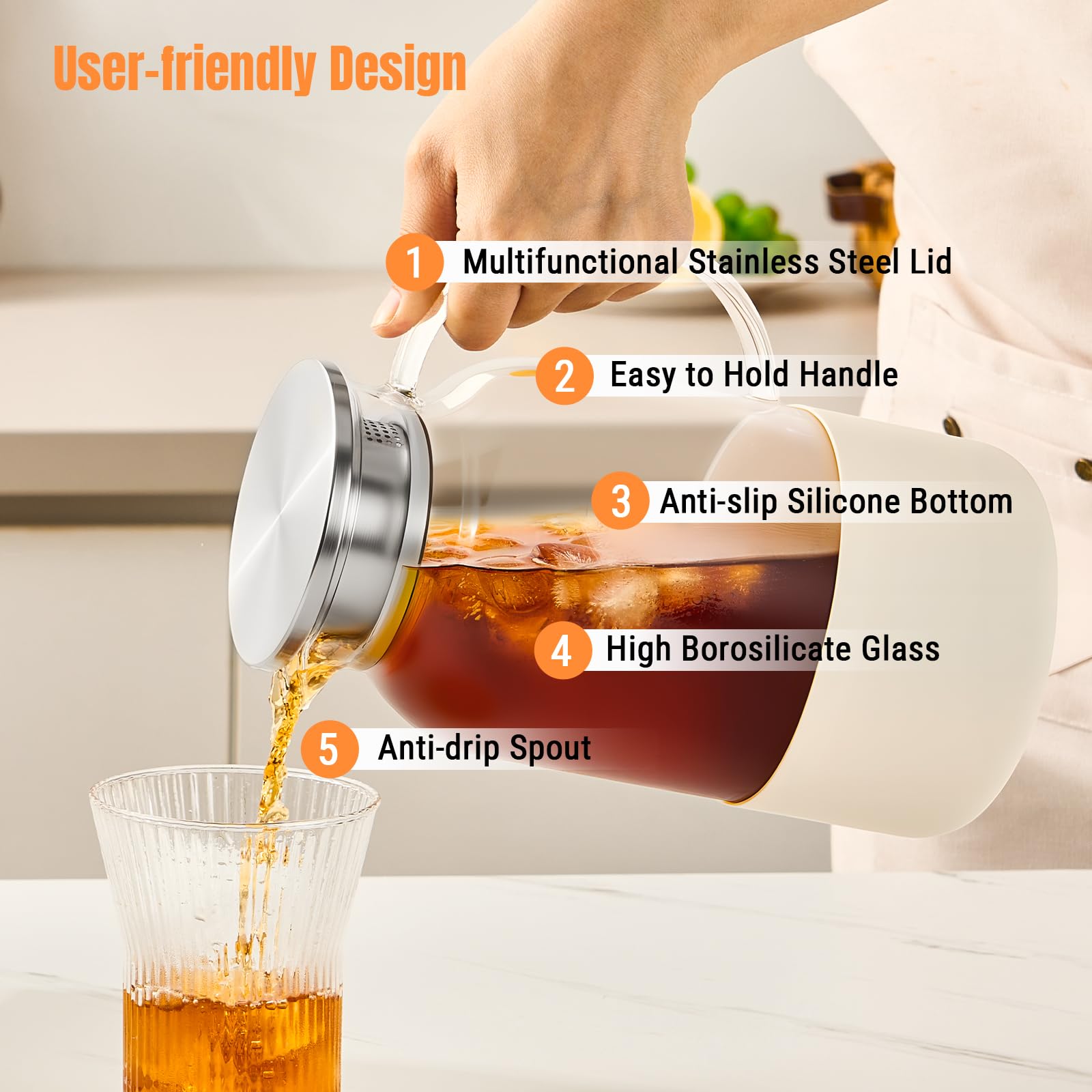 PARACITY Glass Pitcher with Lid, 61 oz Glass Water Pitcher, Off-White Base