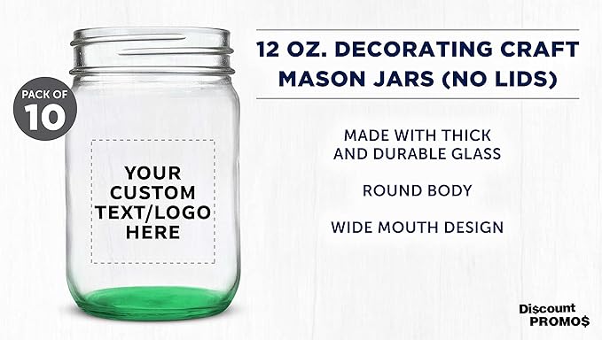 DISCOUNT PROMOS Custom Decorating Mason Jars 12 oz. Set of 10, Personalized Bulk Pack - Glass Jars for Overnight Oats, Candies, Fruits, Pickles, Spices, Beverages - Green