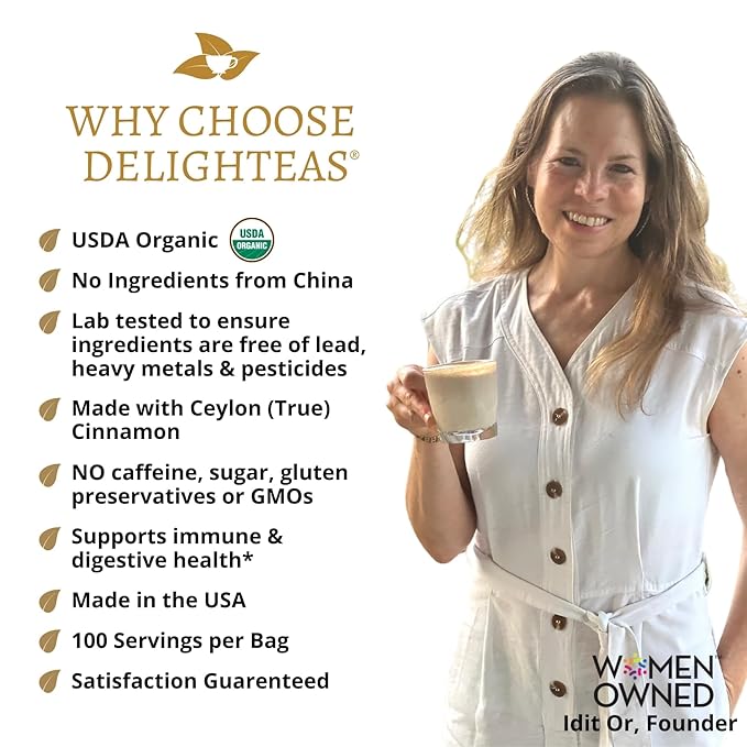 DelighTeas Organic Masala Chai Powder | Caffeine free, Unsweetened, Vegan, Keto | Ayurvedic Digestive Support blend for Chai Spice Tea | 100 Servings, 4oz