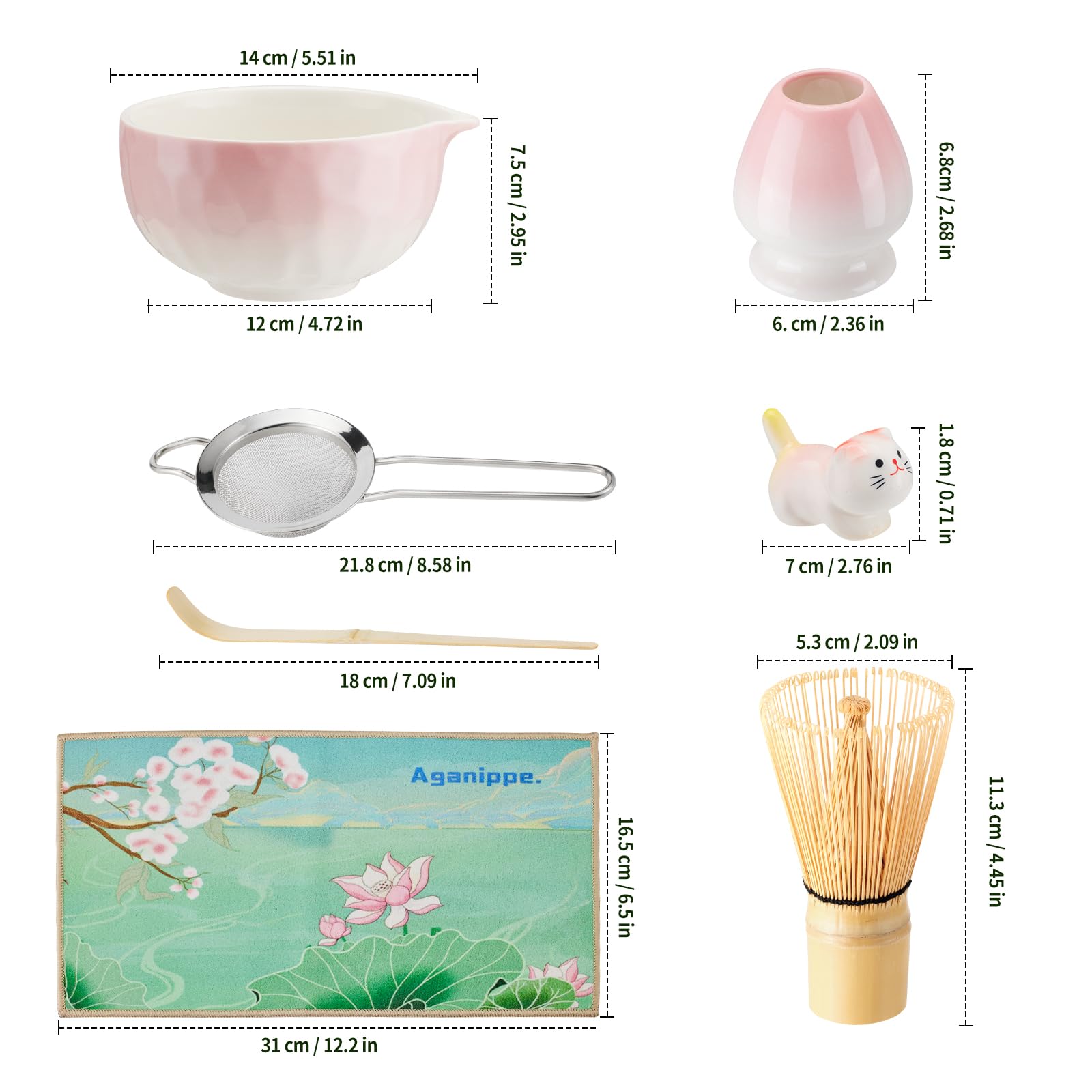 7 Pcs Matcha Whisk Set, Matcha Set Pink,Matcha Kit,Matcha Tea Set,Matcha Bowl Set with Pink Cat Scoop Holder, Tea Cloth, Sifter(Gradient Pink)