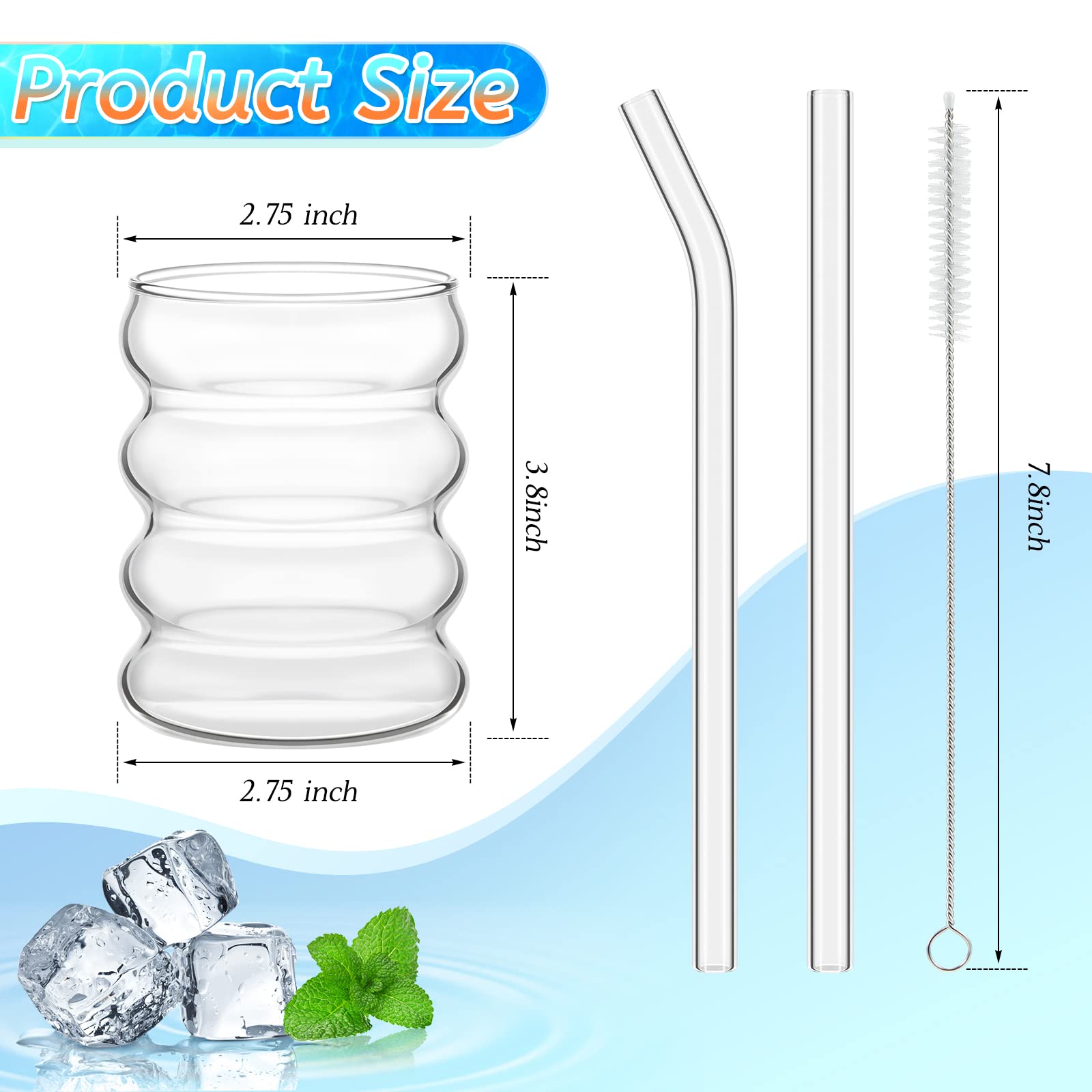 Tessco for you 4 Pcs Creative Glass Cups Vintage Drinking Glasses Ribbed Glassware Aesthetic Cup Entertainment Dinnerware Glassware with Straws Set for Kitchen Coffee Beverage(13.5 oz,Clear)