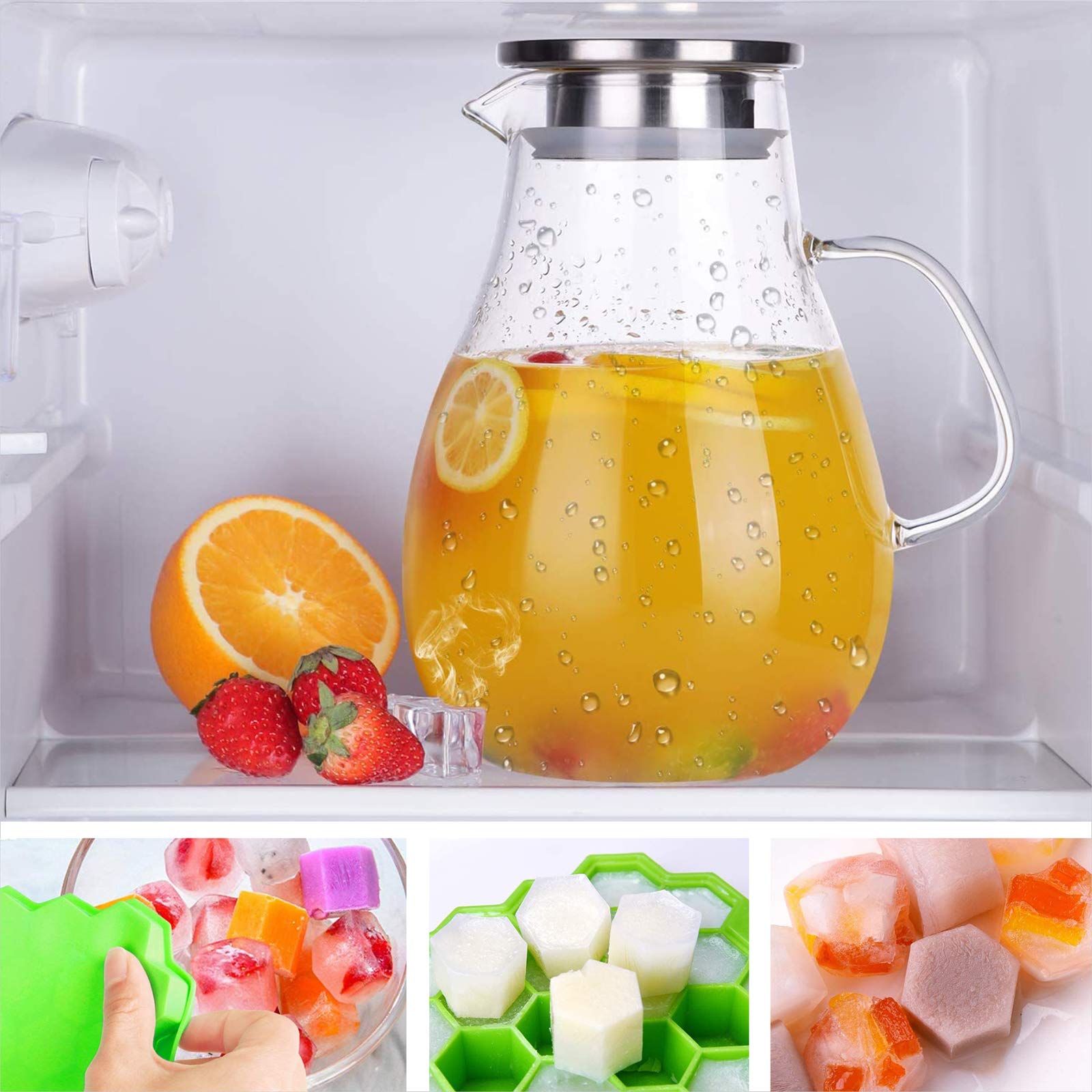 Abdodar 88oz Glass Pitcher with Lid and Handle - High Heat Resistance Glass Water Pitcher for Hot/Cold Water & Iced Tea with Ice Tray (2.6L)
