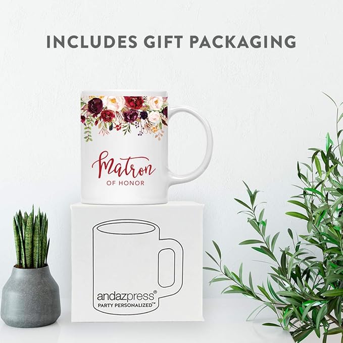 Andaz Press 11oz. Wedding Ceramic Coffee Tea Mug Gift, Fall Autumn Marsala Burgundy Flowers Roses Florals, Matron of Honor, 1-Pack, Includes Gift Box