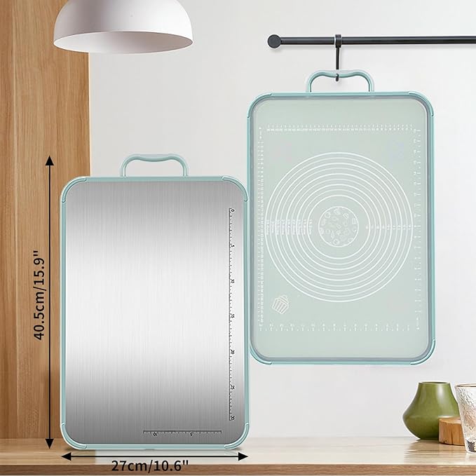 Stainless Steel Cutting Board, Double Sided Chopping Board with Scale for Pastry, 2-In-1 Cutting Board with Juice Groove and Anti Slip Surface