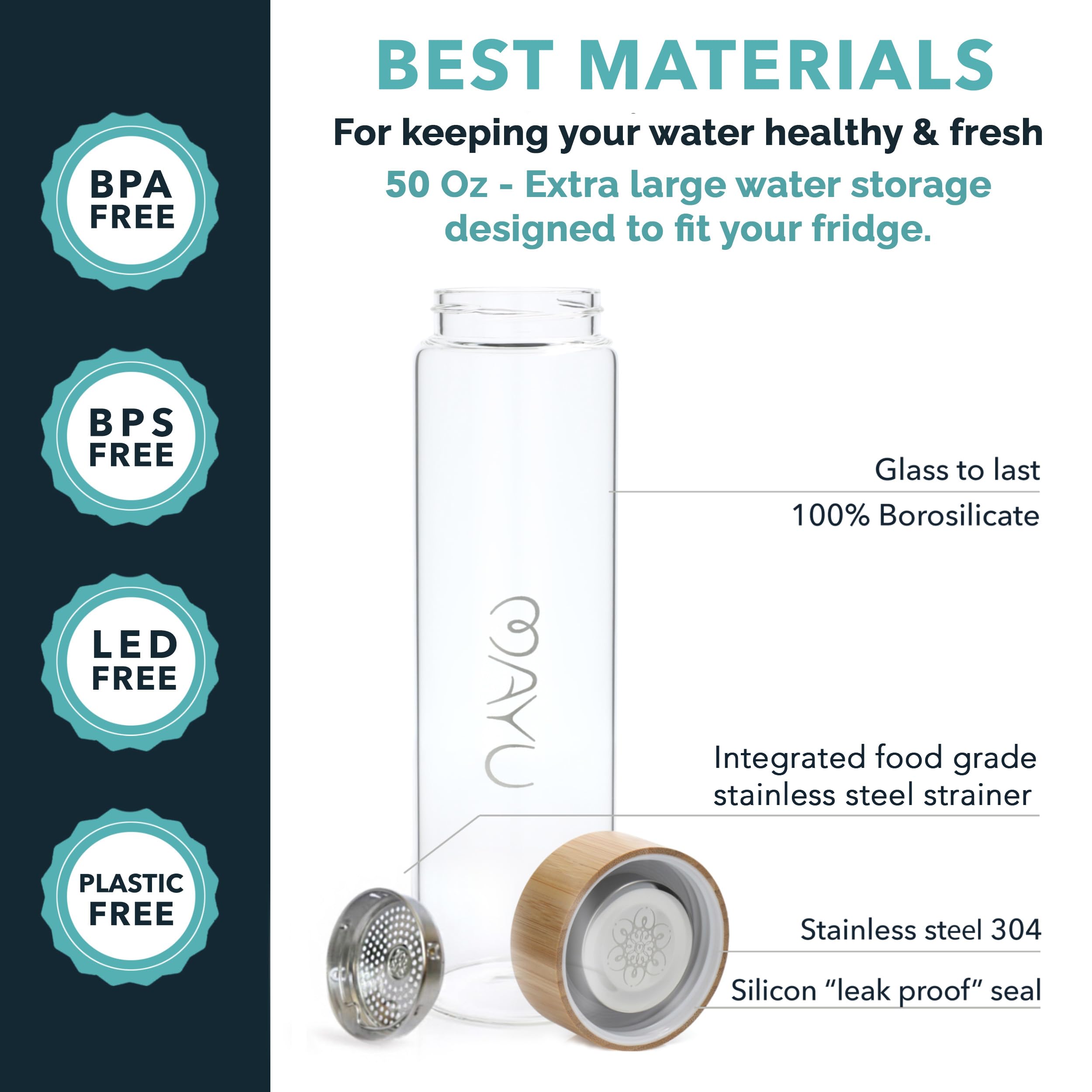 mayu, Pure Glass Reusable Water Bottle w/Bamboo Lid (1.5 Liter) 100% Grade-A Borosilicate Glass, Modern Minimalist Design, Leak Proof, Eco Friendly, Great for Outdoor & Everyday Use, Dishwasher Safe