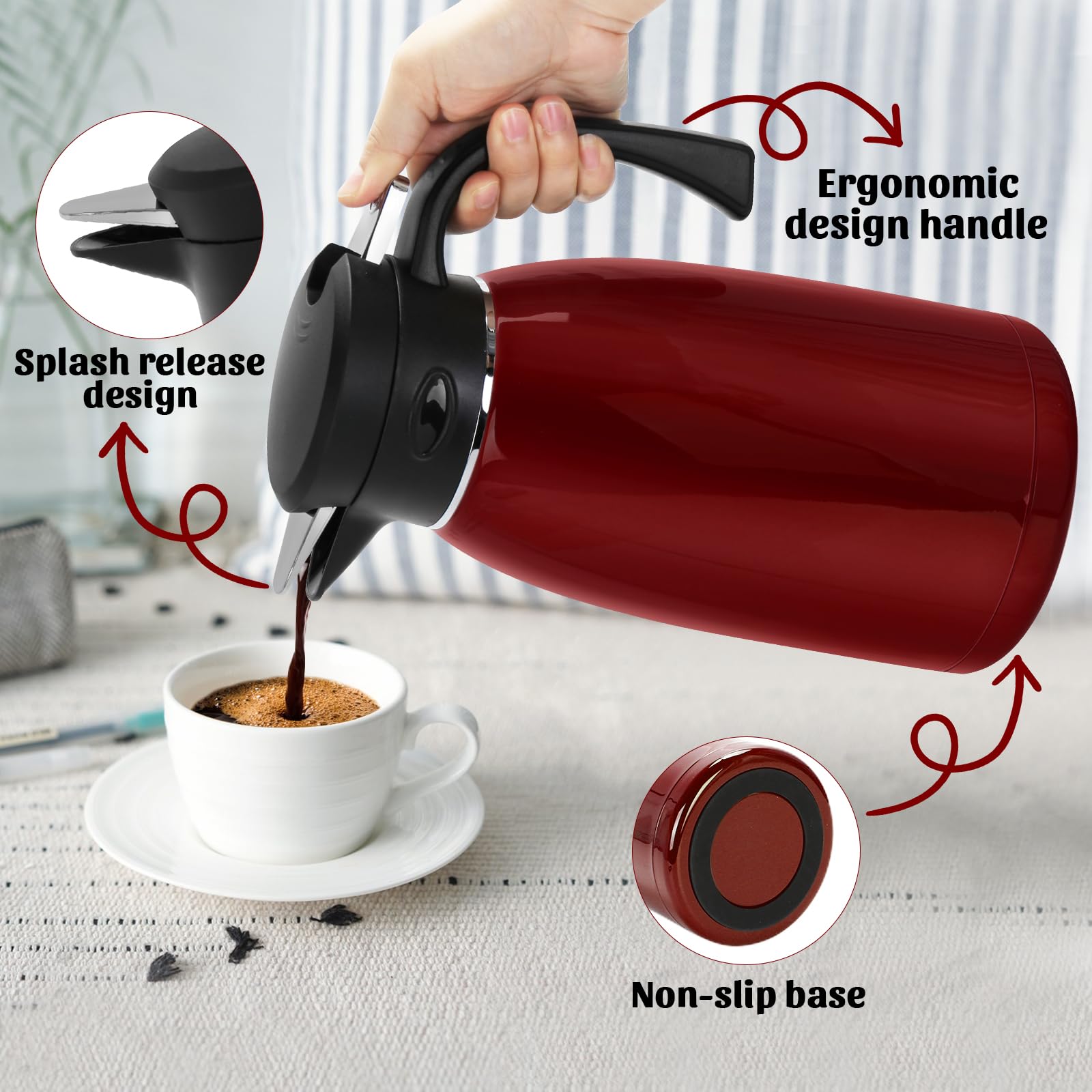 70oz Thermal Coffee Carafe, 2L Stainless Steel for Hot Drinks, Double Wall Vacuum Carafe for Hot Liquids Large Tea for Home School Office Burgundy