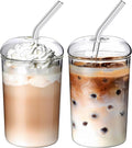 2 Pcs Drinking Glasses with Glass Lids and Glass Straw 16oz Glassware Set,Iced Coffee Glasses,Ideal for Water,Soda,Tea,Gift - with Cleaning Brushe