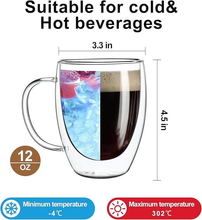 Aurzen 2 Pack Double Walled Glass Coffee Mugs with Handles, Large Insulated Layer Coffee Cups, 12oz Clear Borosilicate Mugs, Perfect for Cappuccino, Tea, Microwave Safe
