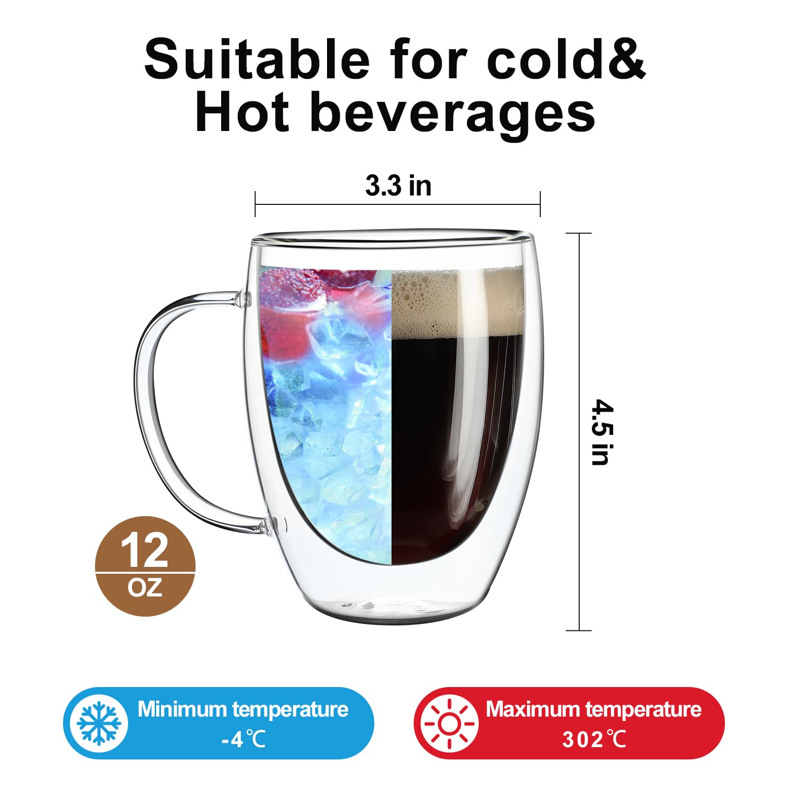 Aurzen 2 Pack Double Walled Glass Coffee Mugs with Handles, Large Insulated Layer Coffee Cups, 12oz Clear Borosilicate Mugs, Perfect for Cappuccino, Tea, Microwave Safe