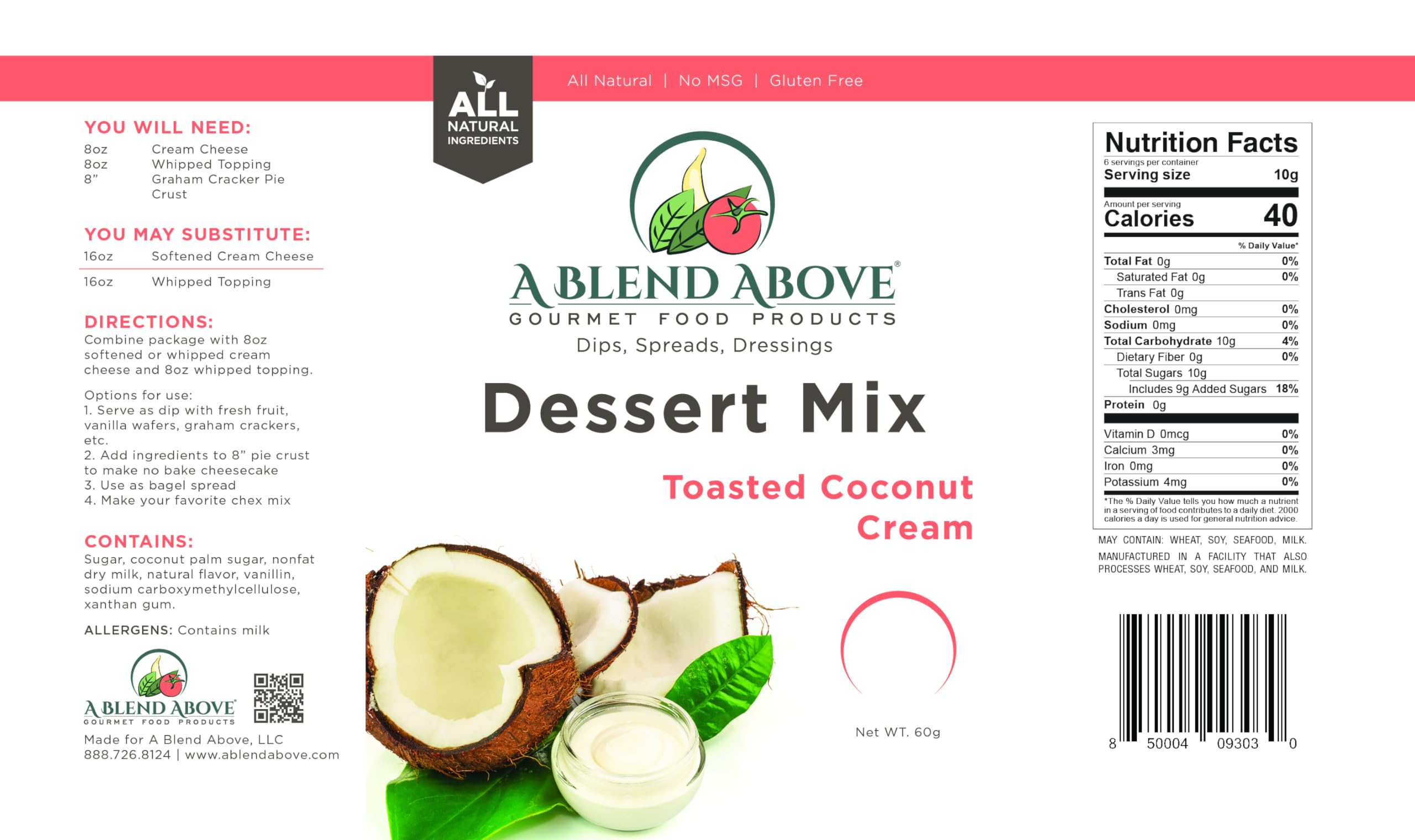 A Blend Above Toasted Coconut Cream Cheesecake Mix - No-Bake Desserts, All Natural, Gluten Free, No MSG - Instant Dessert Mix, Fruit Dip, Bagel Topping, Frosting, Cheesecake Filling - Makes 16 Oz (Pack of 3)