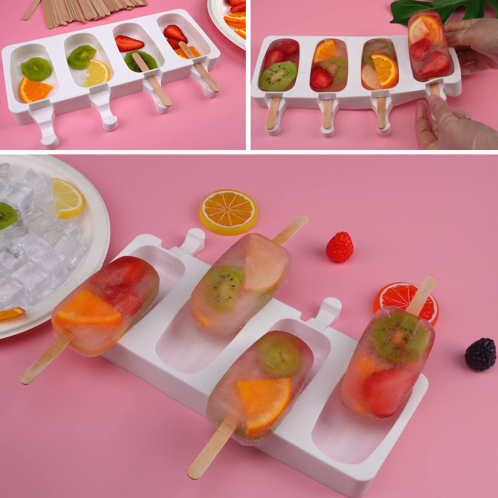 Sakolla 2 Pack 4 Cavity Mini Popsicle Silicone Molds with 50 Wooden Sticks