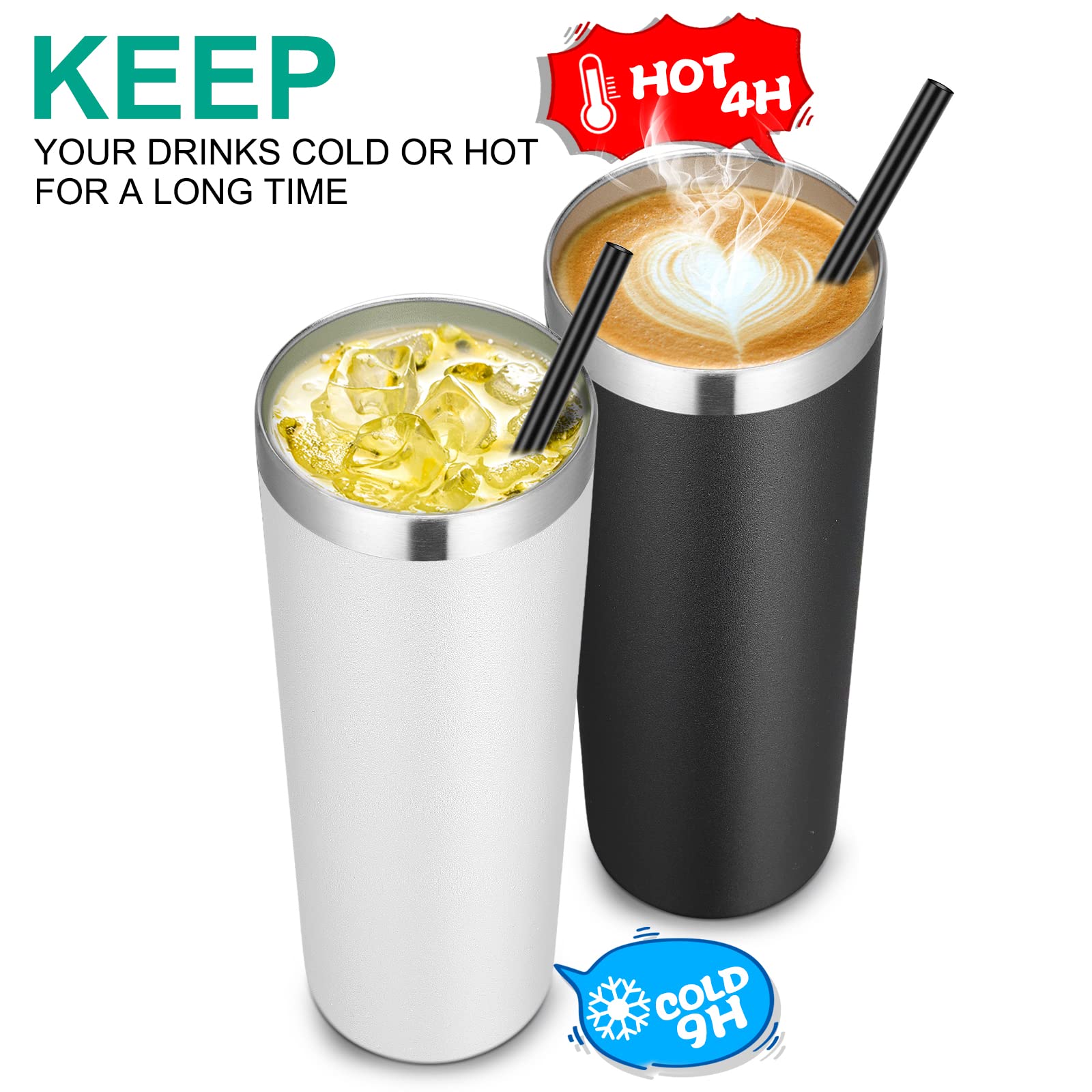 VEGOND Stainless Steel Skinny Tumbler, 20 oz Vacuum Insulated Tumbler with Lid and Straw, Double Wall Coffee Cup, Travel Mug for Cold Hot Drinks, White 1 Pack