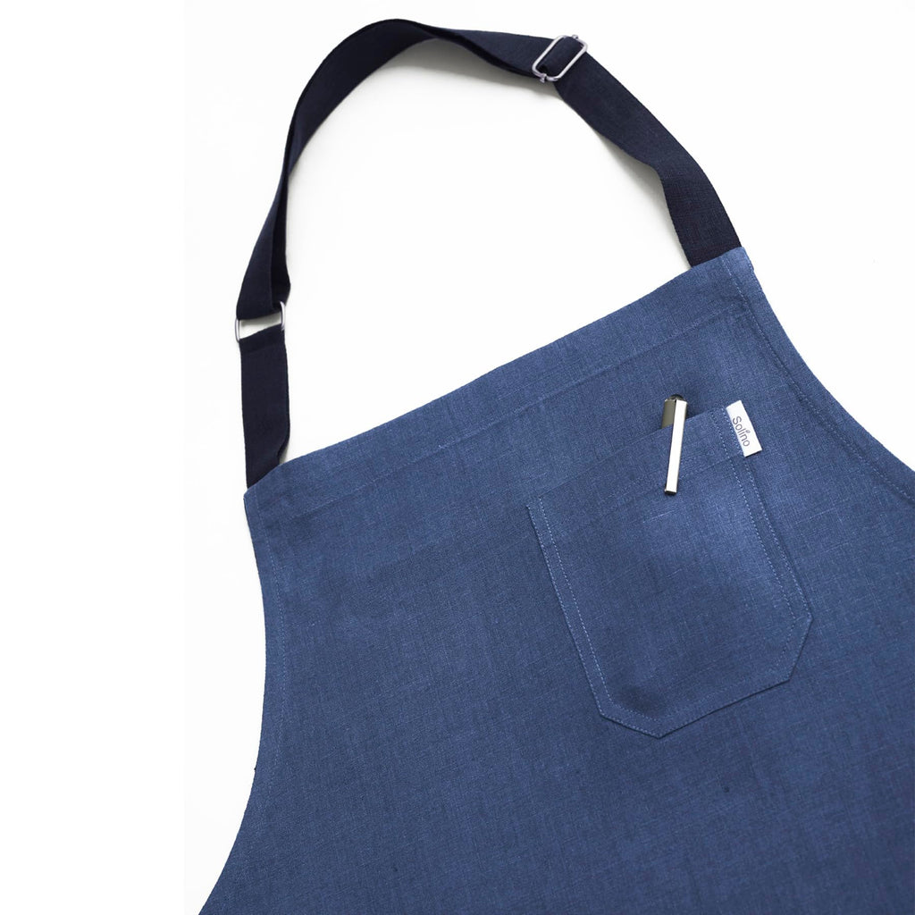 Solino Home 100% Pure Linen Apron, 32 x 27 in, Blue and Navy, Classic Apron