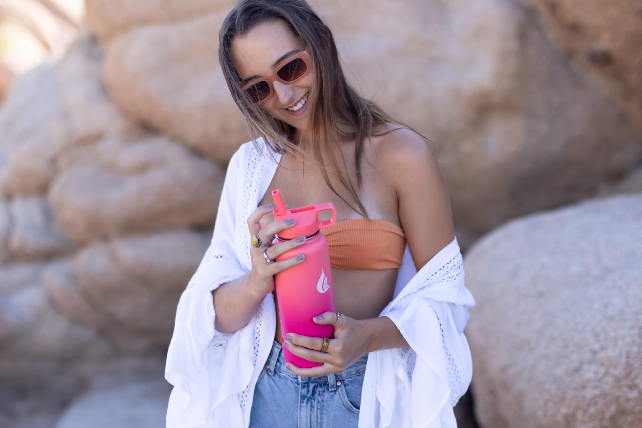 HYDRO CELL Stainless Steel Insulated Water Bottle with Straw - For Cold & Hot Drinks - Metal Vacuum Flask with Screw Cap and Modern Leakproof Sport Thermos for Adults (Coral/Punch 32oz)