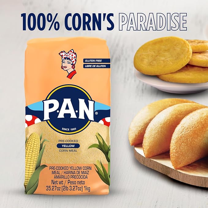 P.A.N. Yellow Corn Meal – Pre-cooked Gluten Free and Kosher Flour for Arepas (2.2 lb/Pack of 4)