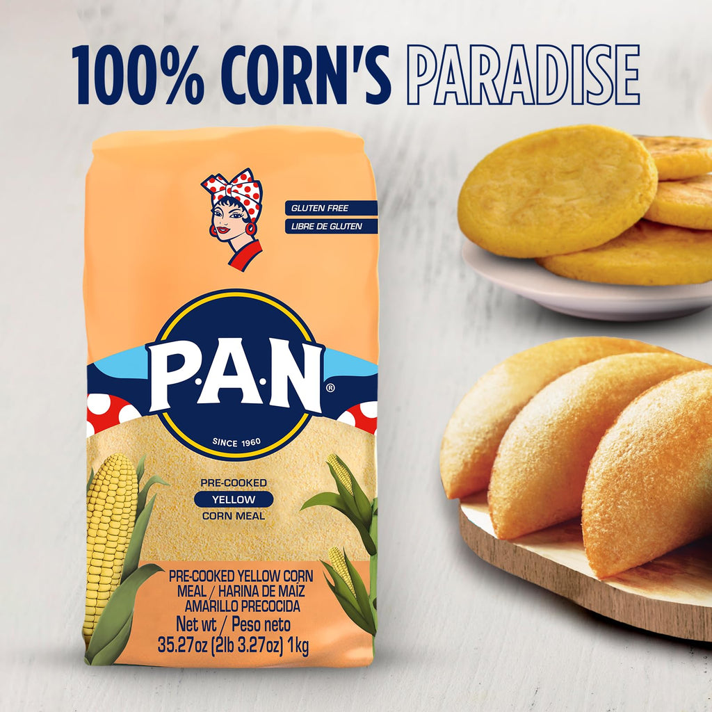 P.A.N. Yellow Corn Meal – Pre-cooked Gluten Free and Kosher Flour for Arepas (2.2 lb/Pack of 4)