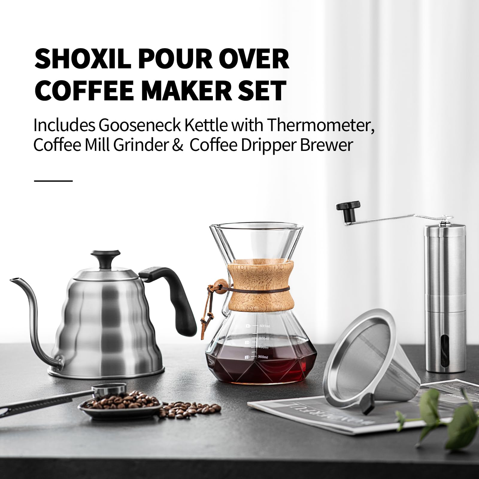 shoxil Pour Over Coffee Maker Set – 40oz Gooseneck Kettle with Thermometer, Coffee Grinder & 20oz Drip Coffee Maker – Stainless Steel Pour Over Coffee Set