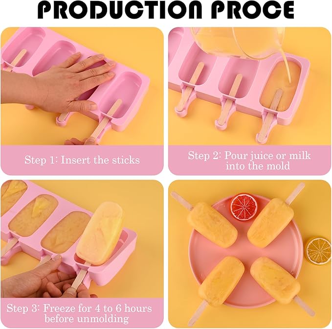 Sakolla Silicone Popsicle Molds Set of 3, Large Oval 4 Cavities Homemade Ice Pop Molds with 150 Wooden Sticks for Ice Cream, Cakesicles, Cake Pop (Pink)