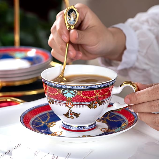 Euro Style Bone China Tea Set, Tea Sets For 6 Adults, Bone China Tea Cup Set With Teapot Spoons, Sugar Bowl, Creamer Pitcher, Tea Set for Women, Tea Party Set, Gift Package (21, Vienna)