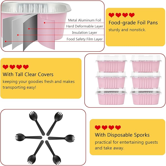 10oz/80pack Mini Cake Foil Pans with Lids,LNYZQUS 4”x4” Large Cupcake Pan Disposable Ramekins,Small Brownie Baking Cups Square Muffin Tin Cheesecake Containers Holders-Pink