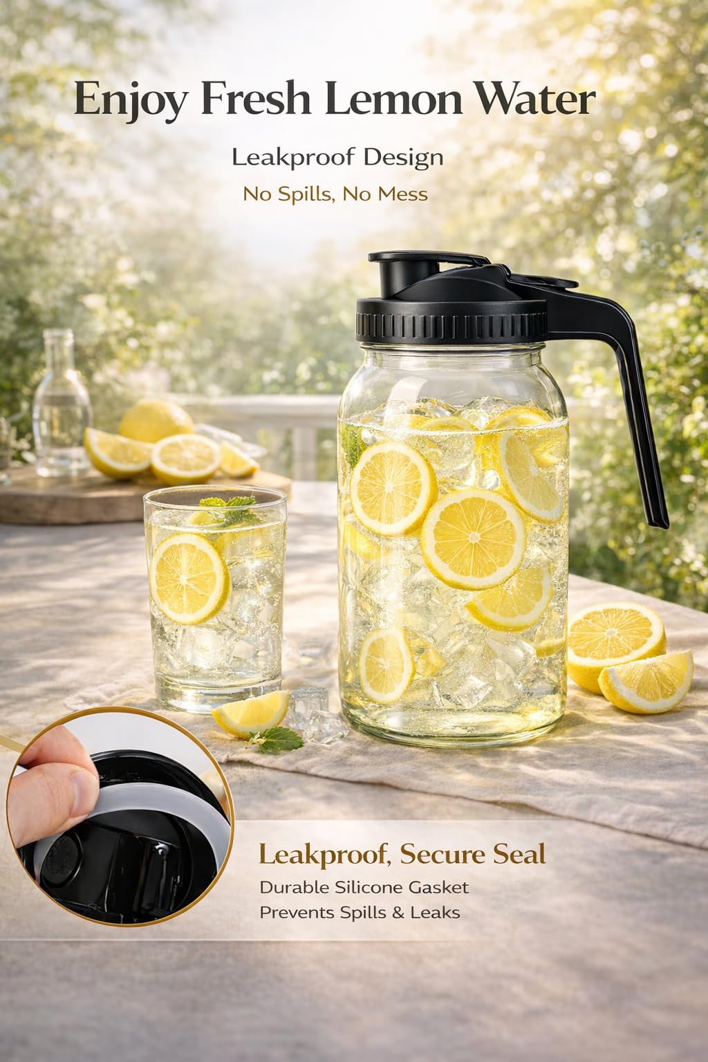 3 Pack 64oz Glass Mason Jar Pitcher with Airtight Lid and Handle – Wide Mouth, Leak-Proof, Ideal for Sun Tea, Cold Brew, Lemonade, Iced Coffee, Milk, and Water