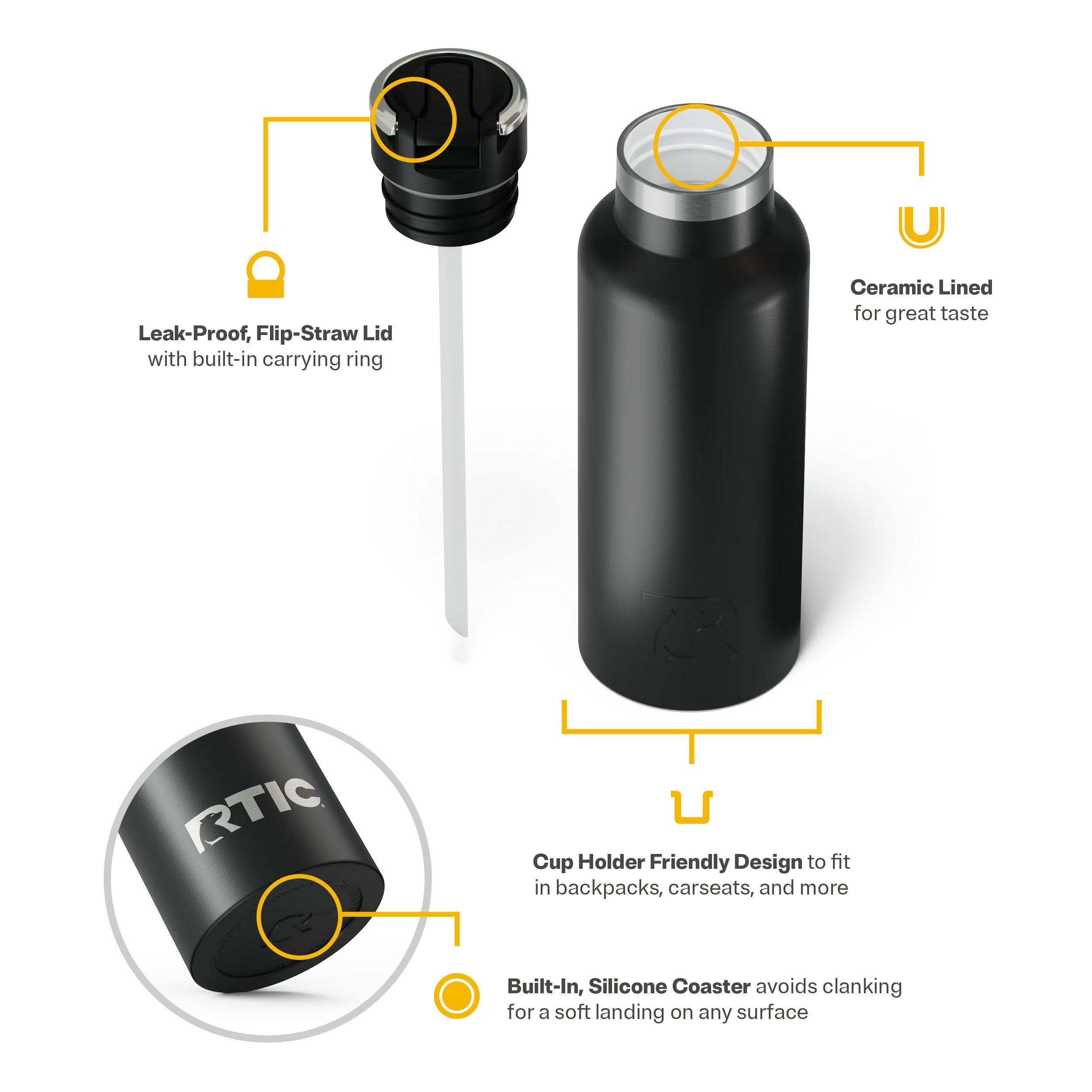RTIC 16oz Journey Water Bottle, Ceramic Lined, Black