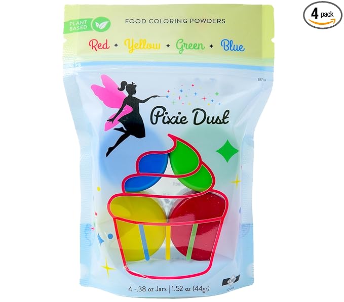 Dye-Free Food Coloring Powder set: Red, Blue, Green and Yellow. Plant-Based/All Natural/Non-Carmine/Non-Annatto/FLAVORLESS by PIXIE DUST (Large .35 oz Each Color 1.4 oz /44gr Total)