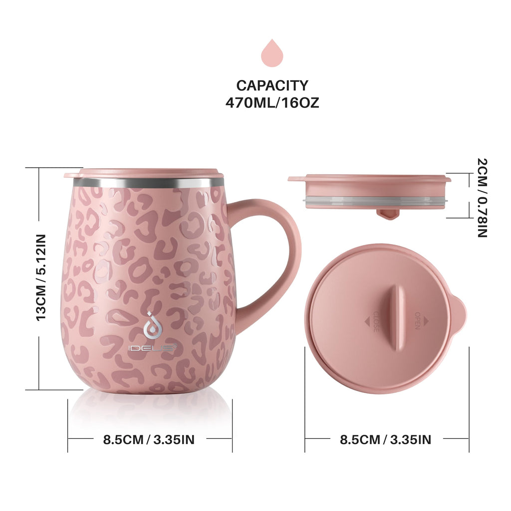 Ideus 16 oz (470 ml) Insulated Coffee Mug with Handle and Lid, Double Wall Stainless Steel Vacuum Thermal Coffee Mug, Travel Coffee Cup Thermal Cup for Home and Office, Leopard Pink