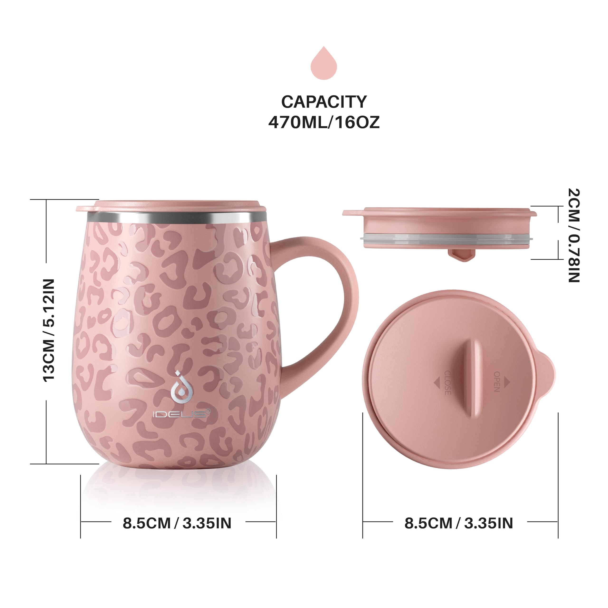 Ideus 16 oz (470 ml) Insulated Coffee Mug with Handle and Lid, Double Wall Stainless Steel Vacuum Thermal Coffee Mug, Travel Coffee Cup Thermal Cup for Home and Office, Leopard Pink