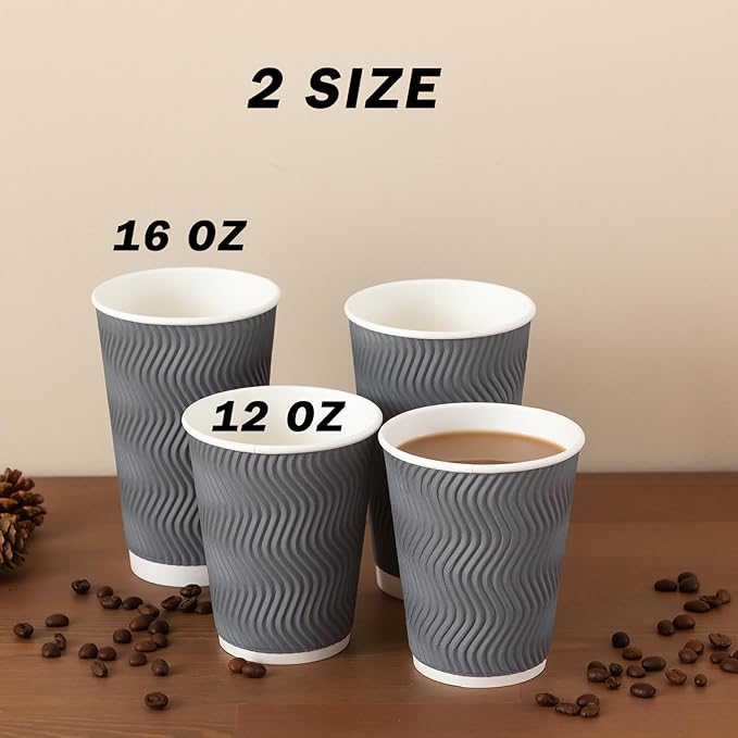 90 Pack 16 oz Disposable Coffee Cups No Lids, Gray Insulated Ripple Wall Paper Coffee Cups 16oz, Corrugated Beverage Paper Cups, To Go Cups for Hot Chocolate Tea Home Travel Office