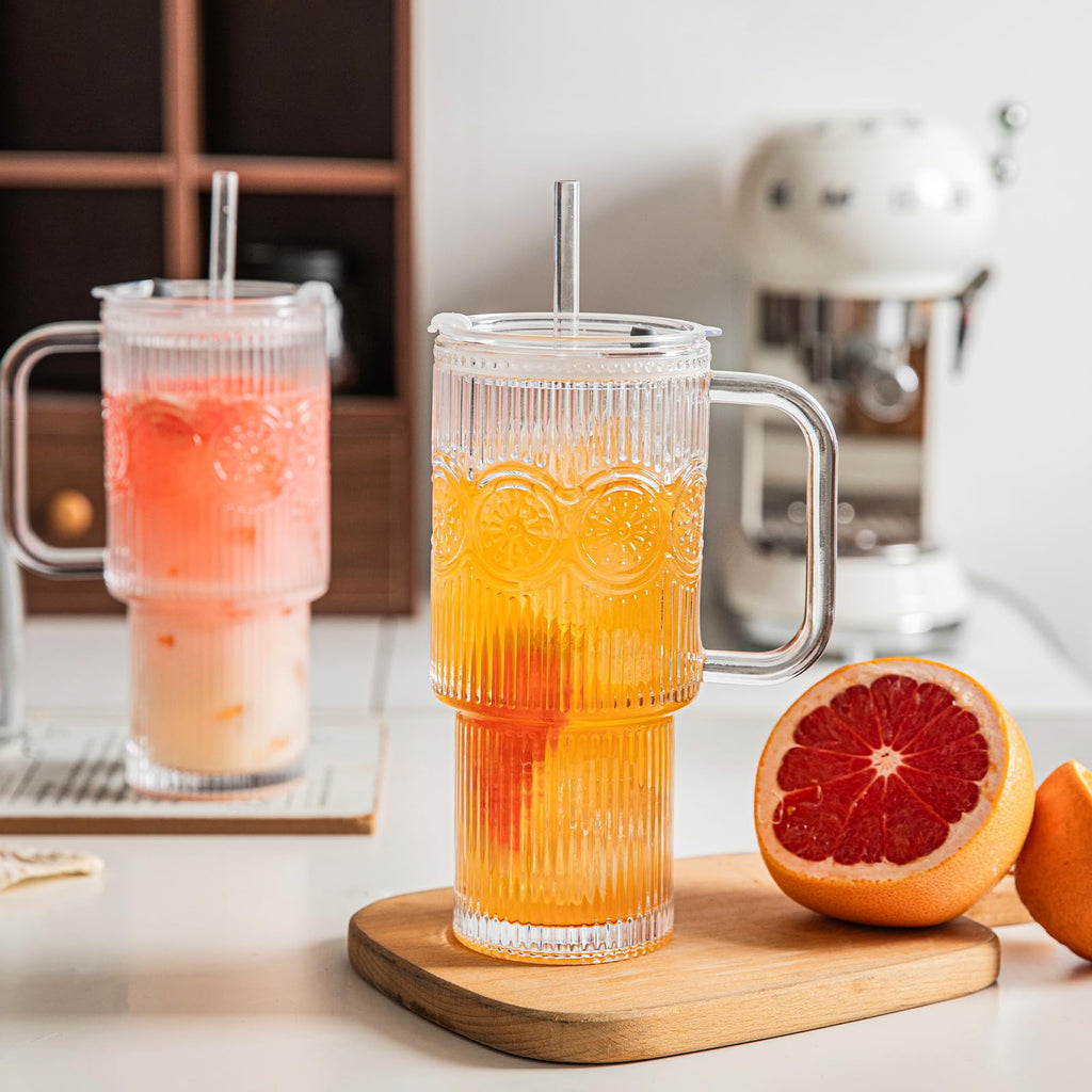 INSETLAN 24 oz Ribbed & Floral Glass Tumblers with Handle, Set of 2 Cups